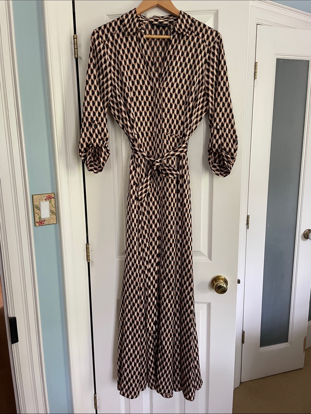 INC International Concepts Geometric Print Wrap Maxi Dress in Beige and Black